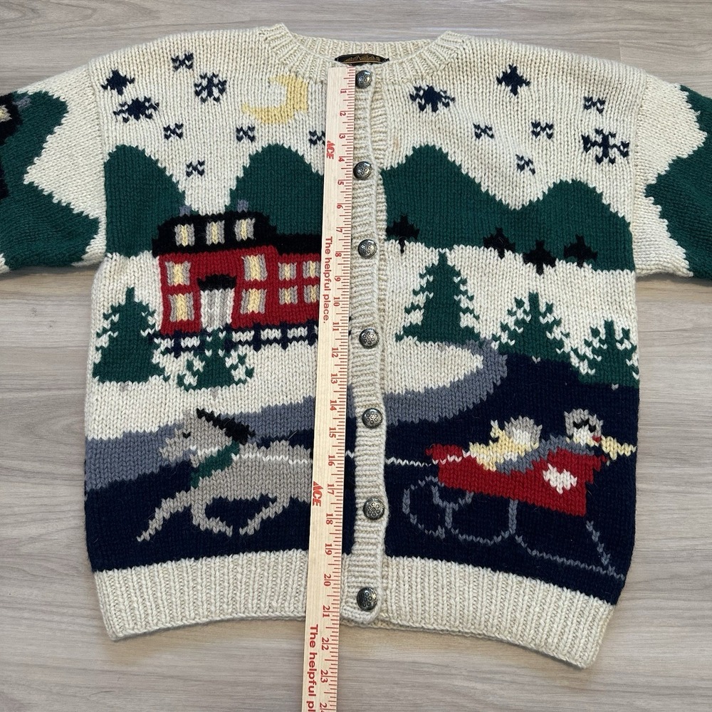 VTG 1989 Eddie Bauer Women's Hand Knit Wool Cardigan Sweater Nordic Ski Scene Lg - Picture 5 of 13